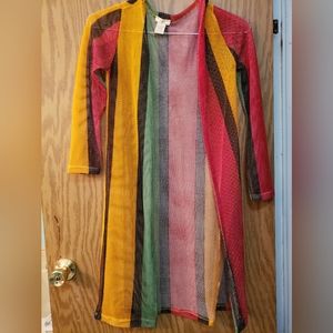 Pretty multi color, open front, long sleeve, crocheted cardigan. Great shape.